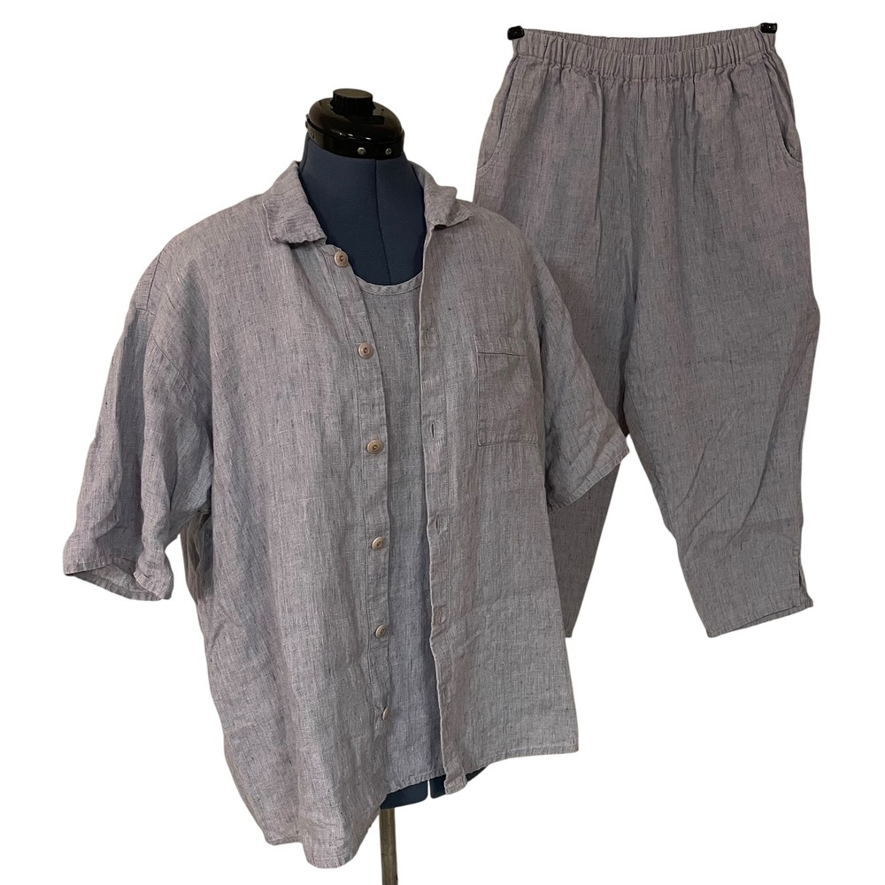 FLAX Jeanne Engelhart 3 Pc Blue 100% Linen Set Shirt Top Barrel Crop Pants S